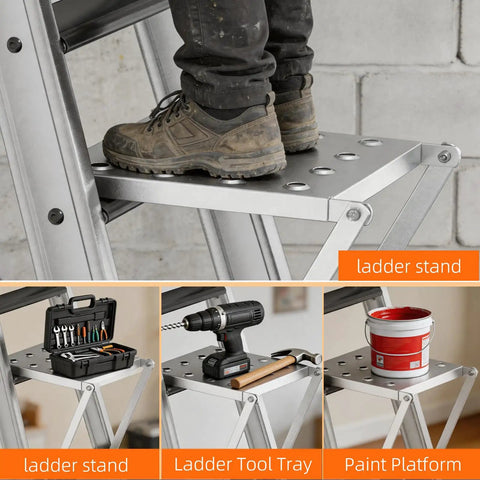 Heavy Duty Foldable Ladder Platform With Rock Solid Anti Slip Work Shelf Alloy Steel Step Attachment And Project Tray For Paint Gear Holds 400 Lbs Jobsite Ready showing layered tool storage on ladder step.
