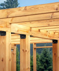 Heavy Duty Steel L Brackets securing wooden beams in a pergola design, 4x2 inch size, used for corner support.