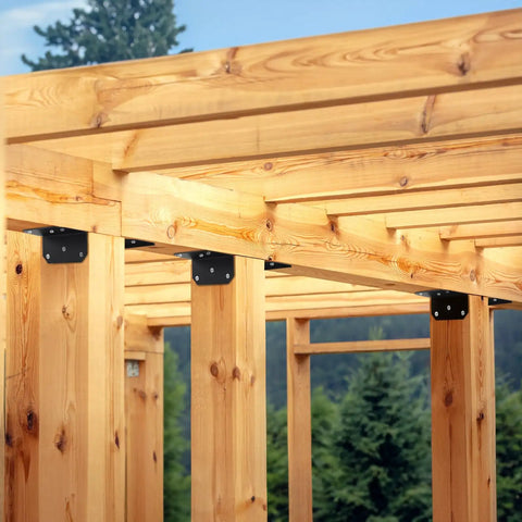 Heavy Duty Steel L Brackets securing wooden beams in a pergola design, 4x2 inch size, used for corner support.