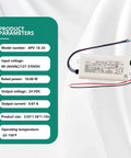 Compact 16W 24V Ac Dc Switching Power Supply With Class 2 Lps Safety Rating for LED Strips, showing specifications on a white background.