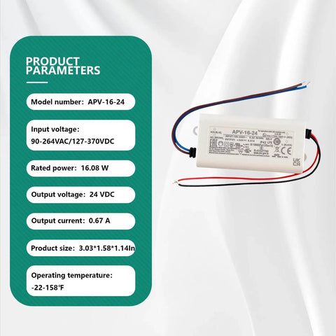 Compact 16W 24V Ac Dc Switching Power Supply With Class 2 Lps Safety Rating for LED Strips, showing specifications on a white background.