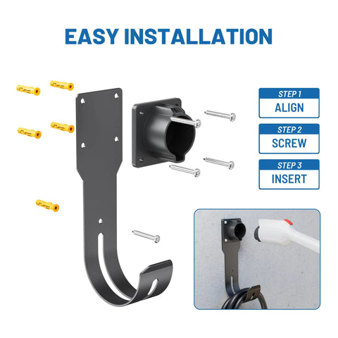 Easy installation steps for Real Deal Wall Mount EV Charger Holder Built For Everyday Drive Use Compatible With Popular J1772 Type 1 Connectors.