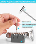 Pro Grade 151 Tools Watch Repair Kit for Battery Replacement and Strap Removal showing small hammer, spring bar pin, watch band holder.