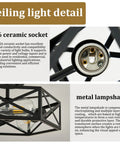 Modern Farmhouse Hexagon Cage Ceiling Light Semi Flush Mount In Matte Black, E26 ceramic socket detail and metal lampshade