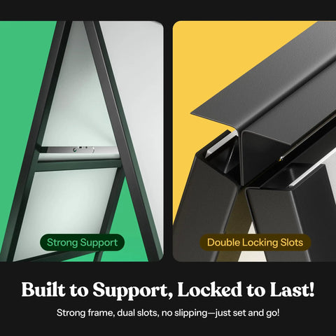 Outdoor A Frame Sidewalk Sign 24 By 36 Inch Double Sided Black Coated Steel Frame with slide-in slots and strong support features