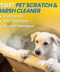 White dog in bathtub with text overlay promoting scratch-resistant and waterproof features of Pro Grade Tub And Sink Repair Kit White For Acrylic Enamel Fiberglass Surfaces Easy Like New Fix For Chips Cracks Scratches And Holes In Bathtubs Showers Sinks Toilets And Ceramic Tiles.