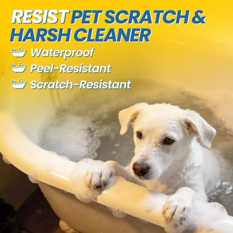 White dog in bathtub with text overlay promoting scratch-resistant and waterproof features of Pro Grade Tub And Sink Repair Kit White For Acrylic Enamel Fiberglass Surfaces Easy Like New Fix For Chips Cracks Scratches And Holes In Bathtubs Showers Sinks Toilets And Ceramic Tiles.