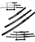 Dope Six Color Iaido Training Katana Set With 1060 Carbon Steel Blades Three Piece With Sword Stand, black motif, dragon engravings