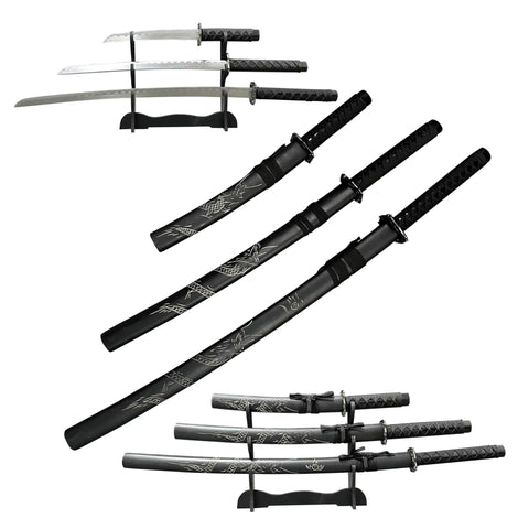 Dope Six Color Iaido Training Katana Set With 1060 Carbon Steel Blades Three Piece With Sword Stand, black motif, dragon engravings