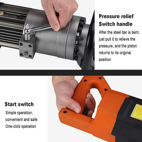 Handheld Automatic Hydraulic Steel Bar Bender And Electric Rebar Bending Machine With Quick Bending For Thick Metal Rods Up To 16mm Capacity showing pressure relief switch and start switch features.