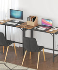 Rustic Brown And Black Computer Desk With Power Outlet Compact Thirty One Point Five Inch Wide Home Office Desk Featuring 3 Built In Hooks Sturdy And Easy To Assemble For Small Spaces, dual monitors setup