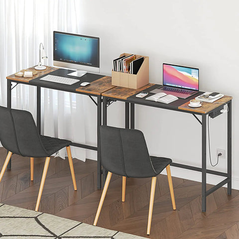 Rustic Brown And Black Computer Desk With Power Outlet Compact Thirty One Point Five Inch Wide Home Office Desk Featuring 3 Built In Hooks Sturdy And Easy To Assemble For Small Spaces, dual monitors setup