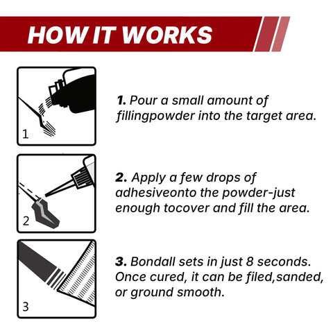 How it works guide for Instant Bonding Adhesive Repair Kit 4 Piece Set With Two Glue Bottles And Plastic Metal Reinforcing Powders Black And Grey Waterproof Ultra Strong Bond For Home Auto And Workshop Repairs in three steps