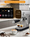 Compact Touchscreen Espresso Machine With Integrated Steam Milk Frother And Programmable Cup Sizing for barista style drinks and easy operation.