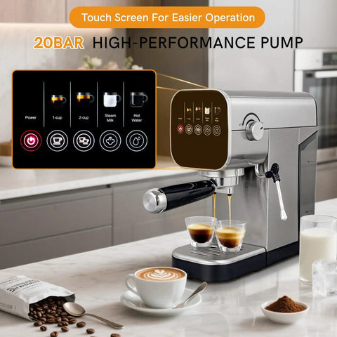 Compact Touchscreen Espresso Machine With Integrated Steam Milk Frother And Programmable Cup Sizing for barista style drinks and easy operation.