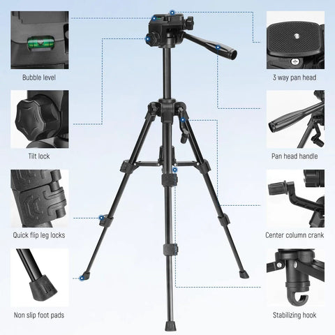 Beginner Friendly Mini Desk Tripod with 3-way pan tilt head, quick flip leg locks, and non-slip foot pads for stable video recording.