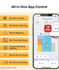 App control interface for Hands Free Robot Vacuum And Mop With 7-9 Weeks Self Emptying, 10000 Pa Suction, with various options shown.