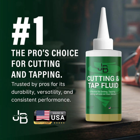 Image of a 4 oz Cutting And Tapping Fluid bottle on a workbench, high performance lubricant for cutting and machining metals.