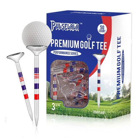 Transparent Three And A Quarter Inch Unbreakable Plastic Golf Tees That Cut Friction And Side Spin Fifty Count Built Tough Eco Friendly Durable Tee Set Perfect Gift For Men With American Flag Design, packaged with a golf ball.