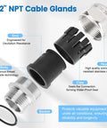 Exploded view of Two Pack 1/2 Inch NPT Stainless Steel Waterproof Cable Gland with components labeled for sealing and protection.