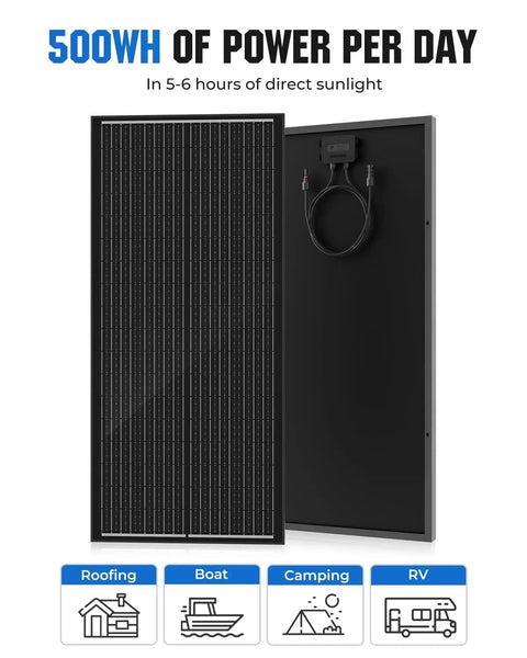 Front and back view of 100 Watt N Type Monocrystalline Solar Panel With 18BB Tech For RVs Marine Rooftops And Off Grid Homes 12V High Efficiency PV Module Delivers 24 Percent Plus Output For Camper Trailers Boats Farm And Home Power
