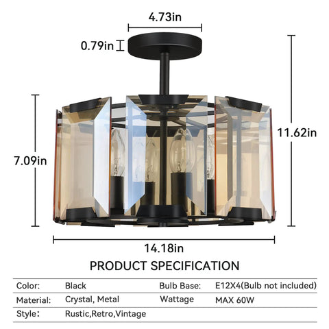 Vintage Crystal Chandelier Dope Round Wagon Wheel Frame 4 Light Matte Black Semi Flush Mount Ceiling Light For Industrial Farmhouse Bedroom Dining Room Kitchen Hallway Entrance, showing dimensions and material details.