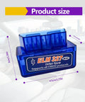 Plug And Play Wireless ELM327 OBDII Car Diagnostic Scanner And Bluetooth Code Reader showing product size in car interior.