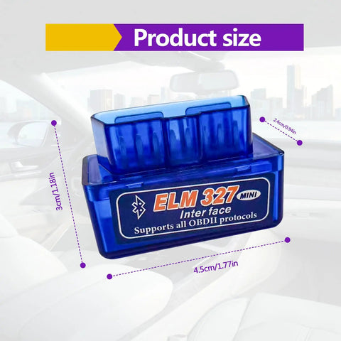 Plug And Play Wireless ELM327 OBDII Car Diagnostic Scanner And Bluetooth Code Reader showing product size in car interior.