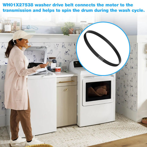 Washer Drive Belt For GE And Hotpoint Washers 22 Inch 5 Ribs 4 Grooves Efficient Replacement Belt Fits GTW HTW NTW Models Compatible With AP6328256 4587903 PS12299369 WH01X27538 black washer drive belt shown in a laundry room