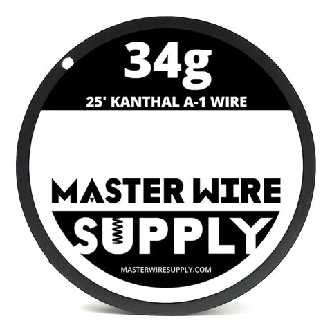 Kanthal A-1 wire spool, 34g, 25 ft labeled for Master Wire Supply, part of A1 Wire Sample Pack 25 Ft Each 22 24 26 28 30 32 34 36 Gauge Eight Spools Total 200 Feet For Industrial And Hobby Foam Cutters Heaters Kettles DIY Projects Dope And Reliable
