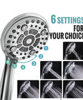 6 spray settings on a chrome handheld head from 10 Inch Multifunctional High Pressure Shower System With Handheld Head, Valve Included.
