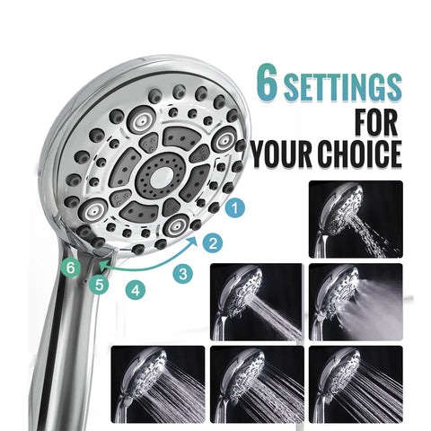 6 spray settings on a chrome handheld head from 10 Inch Multifunctional High Pressure Shower System With Handheld Head, Valve Included.