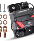 Beefy 50 Amp Marine Circuit Breaker With Manual Reset For Trolling Motors Boats And ATVs Waterproof 12V To 48VDC Power Protector Fuse Ignition Protected SAE J1625 J1171 UL1500, shown with terminals and screws
