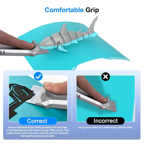 All-Purpose 3D Printer Scraper Tool Kit With 3 Pro-Grade Replaceable SK5 Blades being used on a blue build plate with anodized aluminum handle