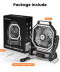 Rechargeable Camping Fan With 20000mAh Battery, LED Lantern, And Portable Power for tent, car, box, and accessories shown