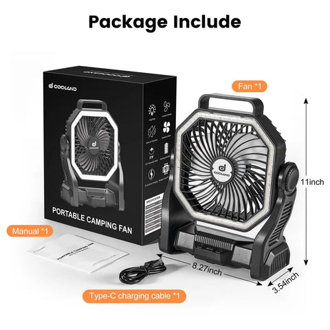 Rechargeable Camping Fan With 20000mAh Battery, LED Lantern, And Portable Power for tent, car, box, and accessories shown