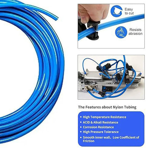 Beefy Blue Air Hose Polyurethane Tubing Anti Kink Strong Air Flow High Powered Works For Compressor Needs All Day Fits Eight MM Size Connections For Pro Work In Any Garage Good, blue polyurethane tubing coil with metal couplers