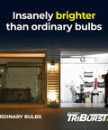 Comparison of Triburst Motion Sensor LED Light Kit with 4000 Lumen Output and ordinary bulbs in a garage setting