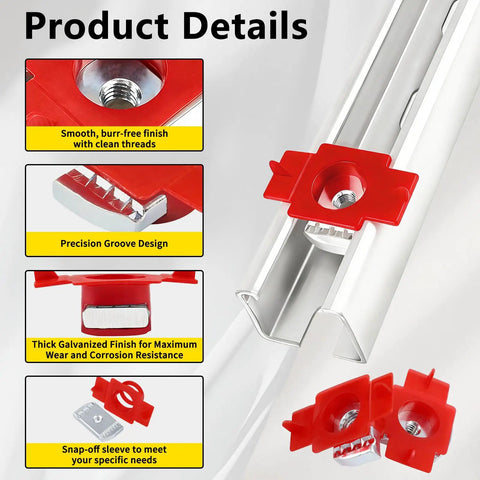 Red Galvanized 1/4 20 Unistrut Channel Squeeze Nuts With Twist Tab Smooth Glide 100 Pack details showing precision groove design and thick finish.