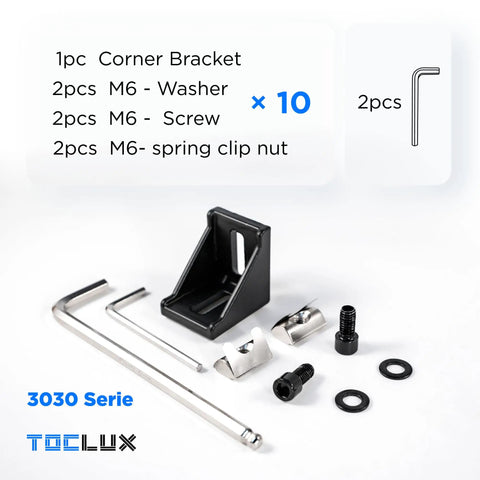 Contents of Heavy Duty 3030 Aluminum Extrusion Corner Bracket Kit With 10 Corner Brackets 20 M6 Spring T Nuts And Hex Screws Ball End Hex Wrench For 30 Series T Slot Rail Hardware Built To Last, including bracket, screws, and wrench.
