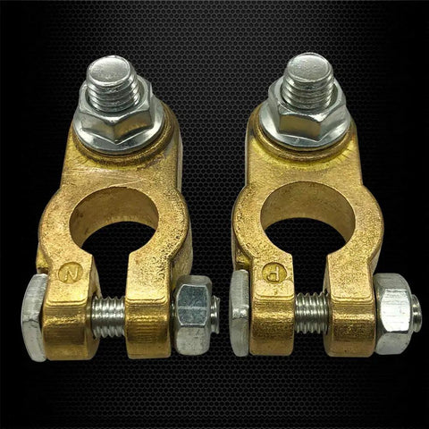 Beefy Brass Top Post Battery Terminal Connectors Set For Positive And Negative, Marine Car Boat RV Ready with flange nuts, 1 pair