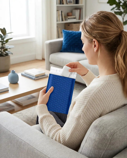 Person sealing a Blue 4x8 Bubble Mailers 100 Pack Self Seal Padded Envelopes Usable 4x7 Inner Size No Nonsense for shipping