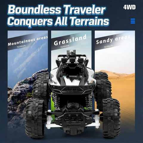Six Wheel All Terrain Ride On Toy Vehicle With Spray Color Finish Durable Plastic Construction And Smooth Rolling Wheels For Off Road Fun Kids And Collectors Great Gift Idea Easy Grip Handles And Long Lasting Performance displayed against various terrains including mountainous, grassland, and sandy areas.