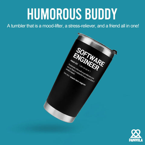 Engineer Definition Coffee Tumbler 20 Oz Vacuum Insulated Stainless Steel With Removable Lid And Straw, shown with humorous text