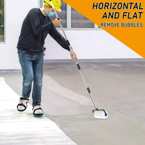 Worker using Spike Roller For Self Leveling Cement Kit Featuring A 9 Inch Screed Spiked Roller With A 77 Inch Extension Pole for epoxy flooring.