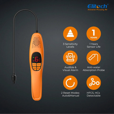 Front view of orange Elitech LD-100+ refrigerant leak detector with digital display