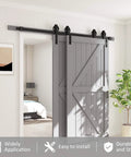 Heavy Duty Sliding Barn Door Hardware Kit Single Track Bypass System For Double Doors Black Powder Coat Six Point Six Foot Long Supports Up To 265 Lbs Fits Door Width Up To Forty Inches And Door Thickness 1 3 8 To 1 3 4 Inches Bypass Wheel Included installed view