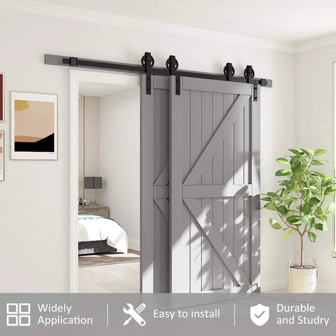 Heavy Duty Sliding Barn Door Hardware Kit Single Track Bypass System For Double Doors Black Powder Coat Six Point Six Foot Long Supports Up To 265 Lbs Fits Door Width Up To Forty Inches And Door Thickness 1 3 8 To 1 3 4 Inches Bypass Wheel Included installed view