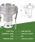 Kickass Industrial Grade Aluminum Camlock Fittings Type Da Reducer Adapter 3 Inch Female To 2 Inch Male Cam And Groove Hose Connector showing dimensions.