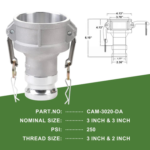 Kickass Industrial Grade Aluminum Camlock Fittings Type Da Reducer Adapter 3 Inch Female To 2 Inch Male Cam And Groove Hose Connector showing dimensions.